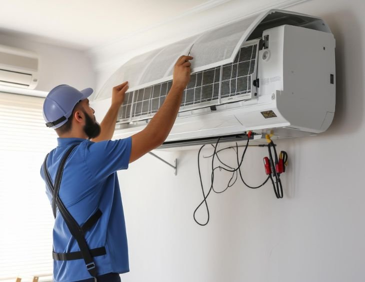 AC repair technician diagnosing cooling issue